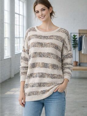 Hayden Cream Striped Textured Knit Sweater